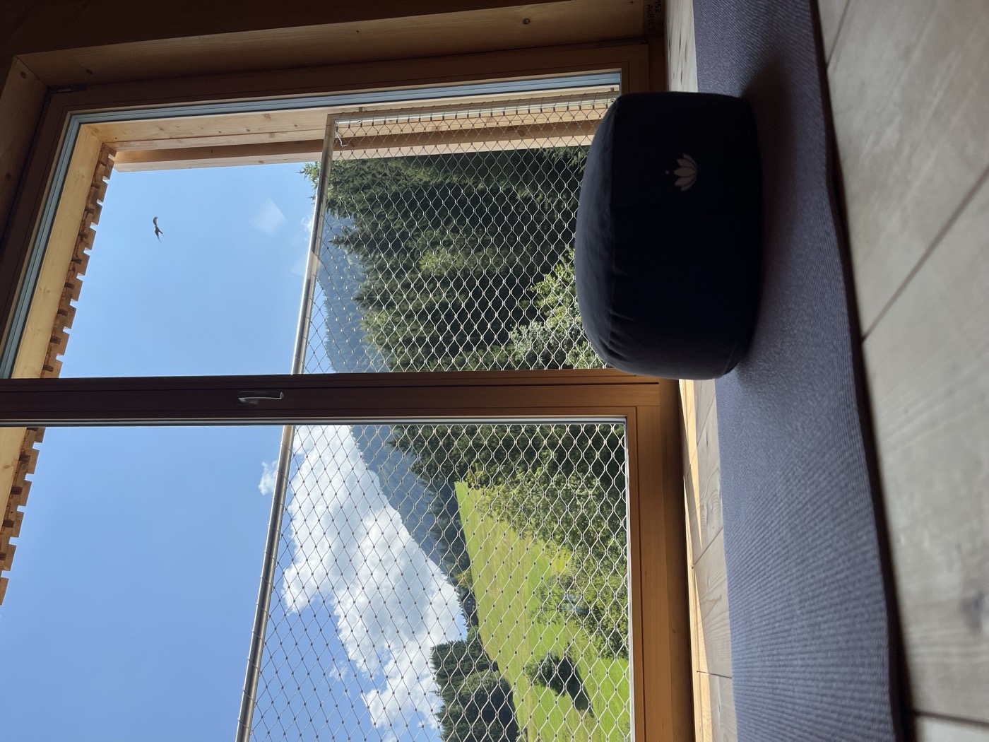 Meditationskissen auf der Yogamatte am Fenster mit Bergblick